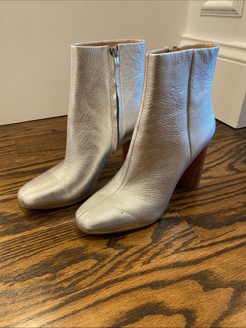 Loeffler Randall Silver Leather Block-Heel Ankle Boots